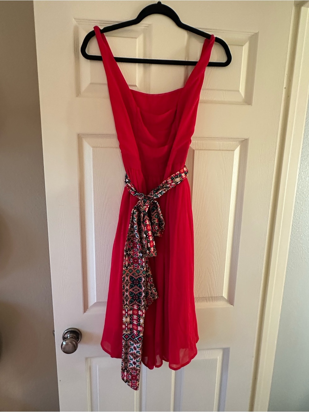 ModCloth Red Chiffon Midi Dress with Patterned Sash